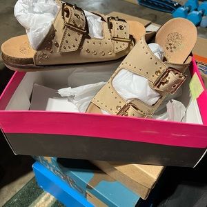 Tan double buckle sandals